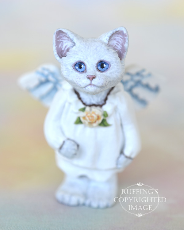 Crystal, miniature white cat angel art doll, handmade original, one-of-a-kind kitten by artist Max Bailey