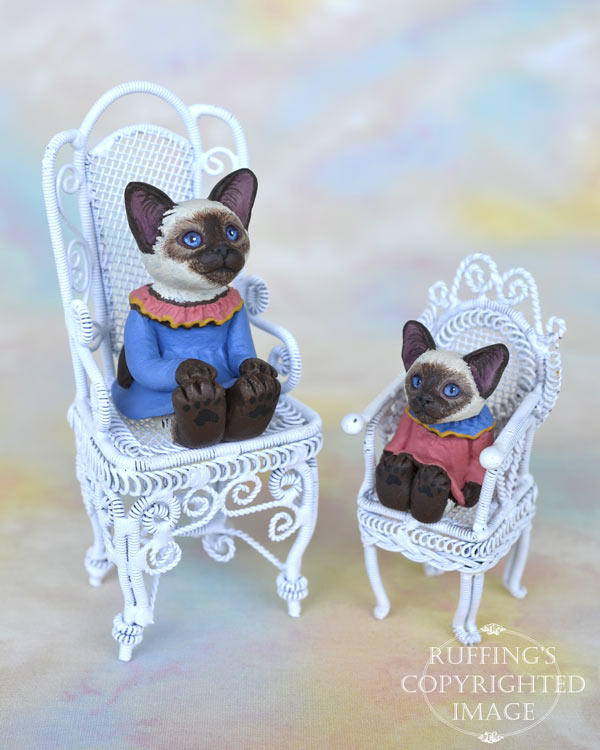 Dana and Dixie miniature Siamese cat art dolls, handmade original, one-of-a-kind kittens by artist Max Bailey