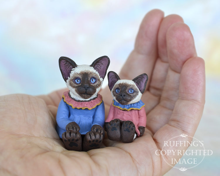 Dana and Dixie, miniature Siamese cat art dolls, handmade original, one-of-a-kind kittens by artist Max Bailey