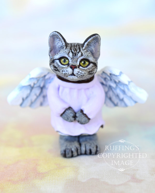 Daphne, miniature American Shorthair angel tabby cat art doll, handmade original, one-of-a-kind kitten by artist Max Bailey