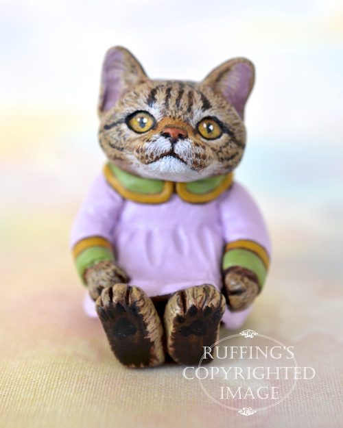 Darlene, miniature tabby cat art doll, handmade original, one-of-a-kind kitten by artist Max Bailey