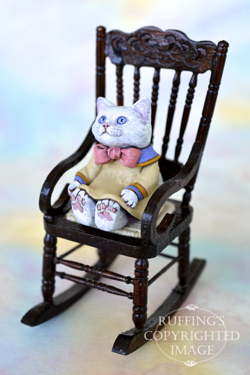 Deanie, miniature white cat art doll, handmade original, one-of-a-kind kitten by artist Max Bailey