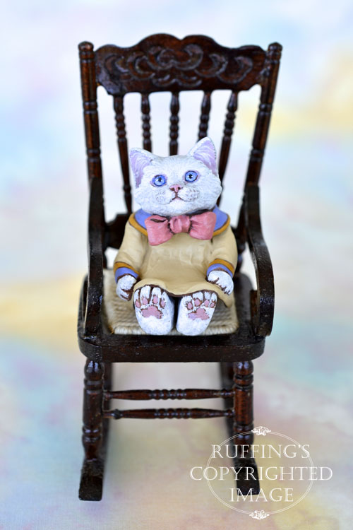 Deanie, miniature white cat art doll, handmade original, one-of-a-kind kitten by artist Max Bailey
