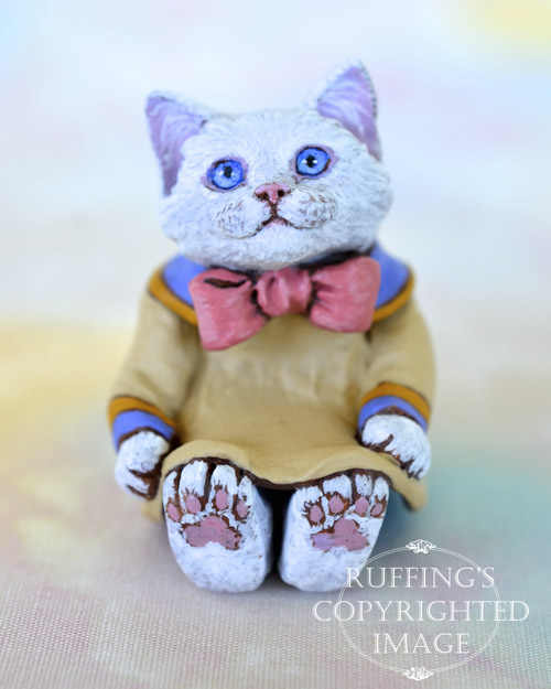 Deanie, miniature white cat art doll, handmade original, one-of-a-kind kitten by artist Max Bailey