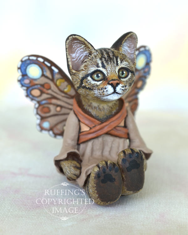 Dharva, miniature tabby fairy cat art doll, handmade original, one-of-a-kind kitten by artist Max Bailey