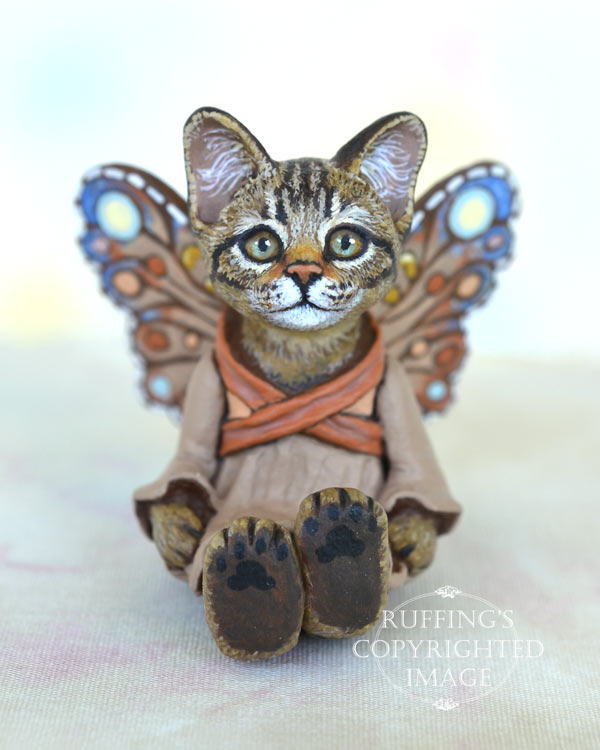 Dharva, miniature tabby fairy cat art doll, handmade original, one-of-a-kind kitten by artist Max Bailey