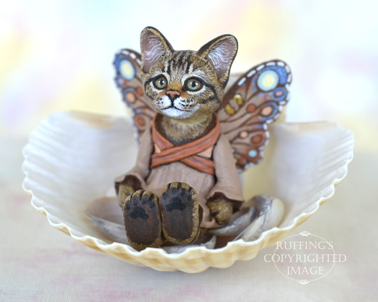 Dharva, miniature tabby fairy cat art doll, handmade original, one-of-a-kind kitten by artist Max Bailey