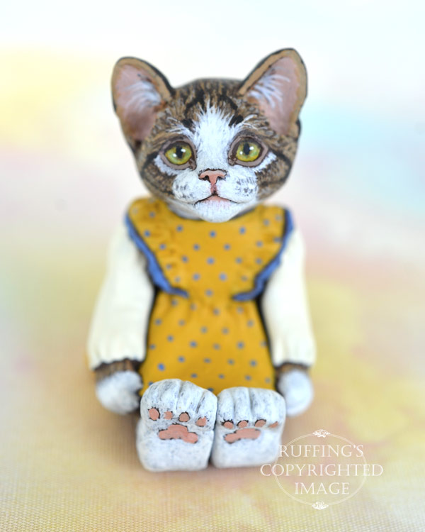 Doreen, miniature tabby-and-white cat art doll, handmade original, one-of-a-kind kitten by artist Max Bailey