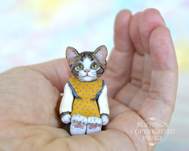 Doreen, miniature tabby-and-white cat art doll, handmade original, one-of-a-kind kitten by artist Max Bailey
