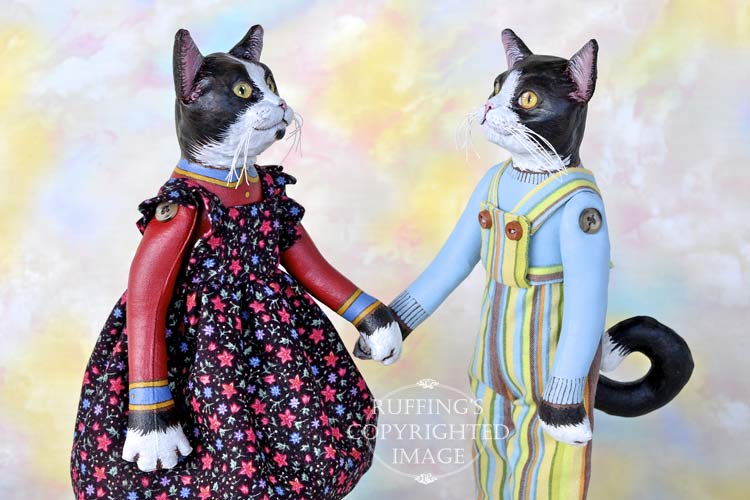 Echo and Tommy, Original One-of-a-kind Black-and-white Tuxedo Cat Art Dolls by Max Bailey