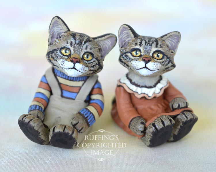 Eddie and Ethel, miniature Maine Coon cat art dolls, handmade original, one-of-a-kind kittens by artist Max Bailey