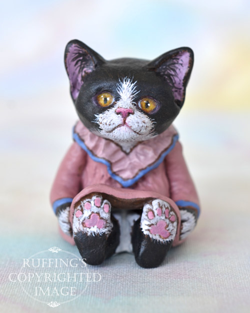 Emma, miniature black-and-white tuxedo cat art doll, handmade original, one-of-a-kind kitten by artist Max Bailey