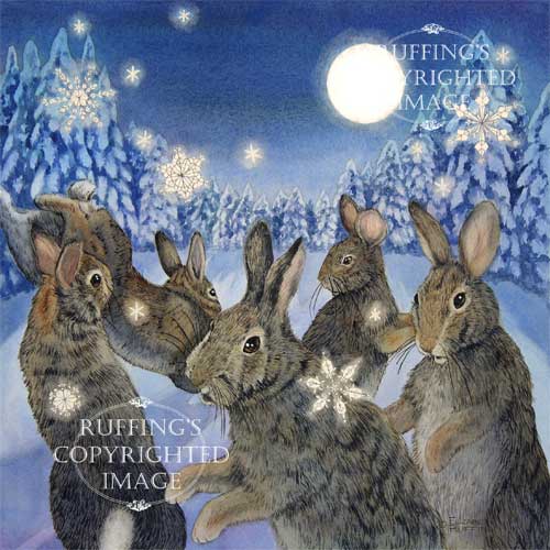 "The Rabbit Dances" ER20 by Elizabeth Ruffing Watercolor Print of Rabbits in Snow