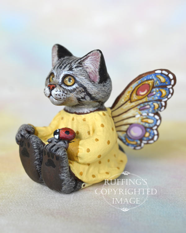 Evaline, miniature silver tabby Maine Coon fairy cat art doll, handmade original, one-of-a-kind kitten by artist Max Bailey