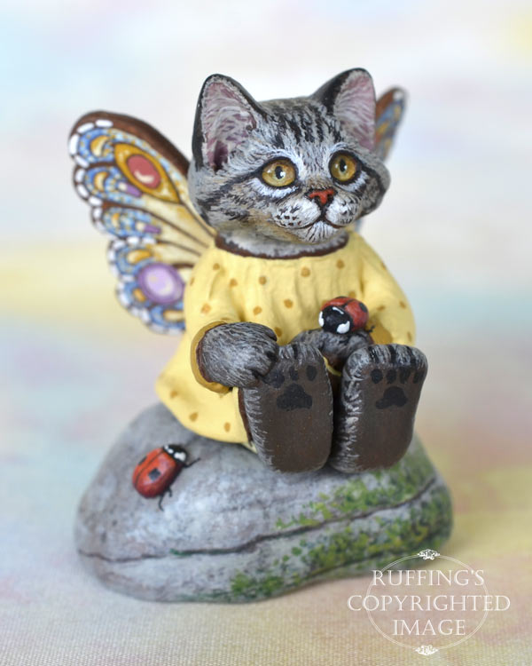 Evaline, miniature silver tabby Maine Coon fairy cat art doll, handmade original, one-of-a-kind kitten by artist Max Bailey