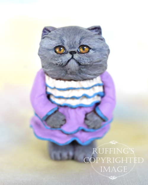 Fancy, miniature Blue Persian cat art doll, handmade original, one-of-a-kind kitten by artist Max Bailey