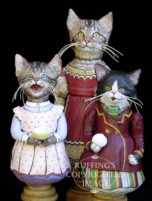 Crybaby, Frannie, and Millicent, Original One-of-a-kind Tabby and Tuxedo Cat Folk Art Doll Figurines by Max Bailey