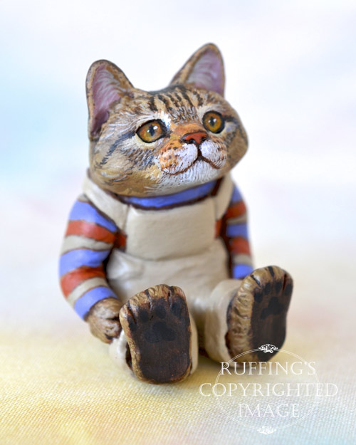 Freddie, miniature tabby Maine Coon cat art doll, handmade original, one-of-a-kind kitten by artist Max Bailey