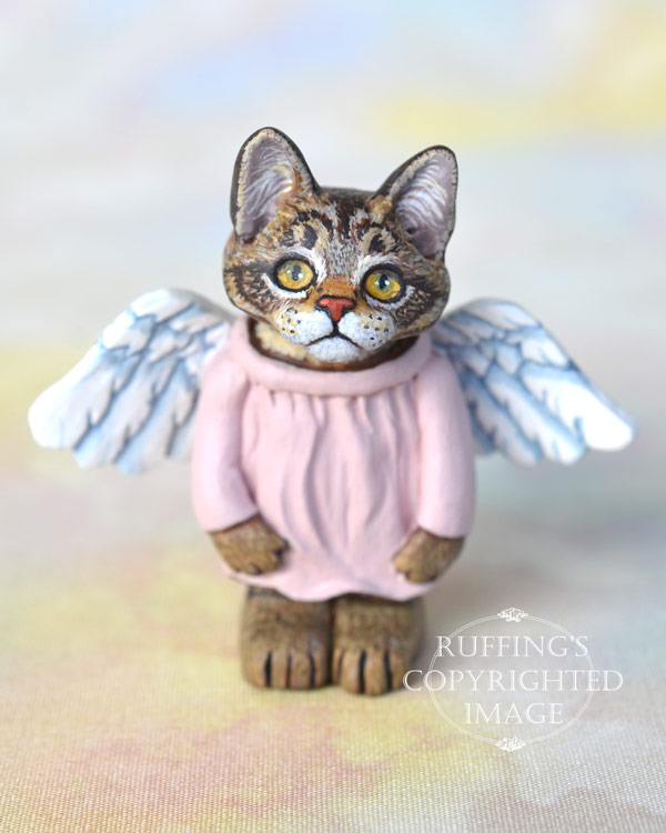 Genevieve, miniature angel tabby Maine Coon cat art doll, handmade original, one-of-a-kind kitten by artist Max Bailey
