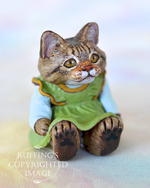 Gina, miniature tabby Maine Coon cat art doll, handmade original, one-of-a-kind kitten by artist Max Bailey