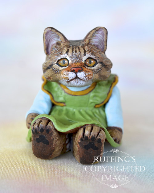 Gina, miniature tabby Maine Coon cat art doll, handmade original, one-of-a-kind kitten by artist Max Bailey