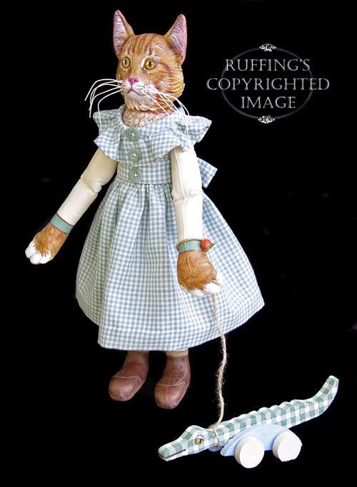 Ginger and George, Original One-of-a-kind Folk Art Tabby Cat Doll with Alligator by Max Bailey