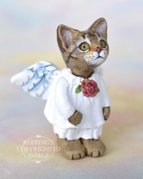 Glider, miniature tabby cat angel art doll, handmade original, one-of-a-kind kitten by artist Max Bailey