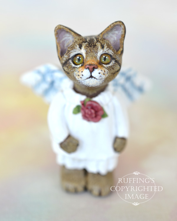 Glider, miniature tabby cat angel art doll, handmade original, one-of-a-kind kitten by artist Max Bailey