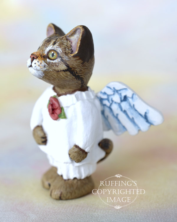 Glider, miniature tabby cat angel art doll, handmade original, one-of-a-kind kitten by artist Max Bailey