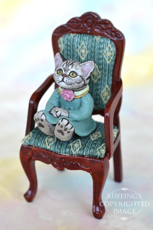 Gretchen, miniature sliver tabby American Shorthair cat art doll, handmade original, one-of-a-kind kitten by artist Max Bailey