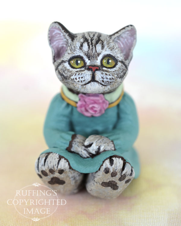 Gretchen, miniature sliver tabby American Shorthair cat art doll, handmade original, one-of-a-kind kitten by artist Max Bailey