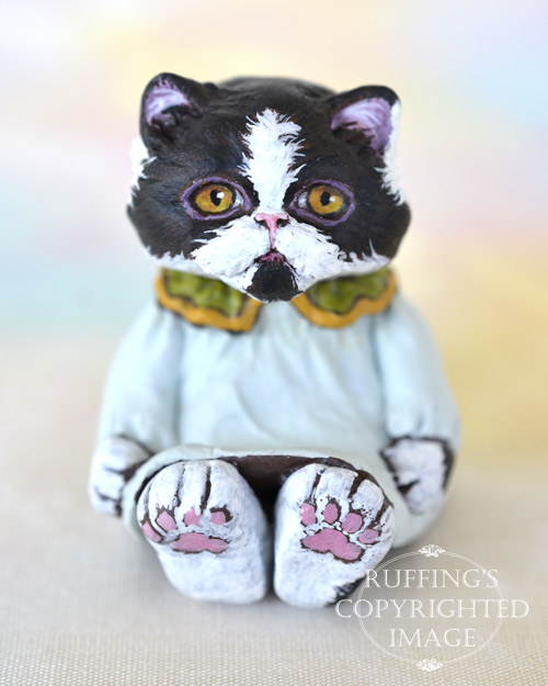 Gretchen, miniature black and white bi-color Persian cat art doll, handmade original, one-of-a-kind kitten by artist Max Bailey