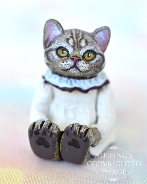 Hannah, miniature American Shorthair silver tabby cat art doll, handmade original, one-of-a-kind kitten by artist Max Bailey