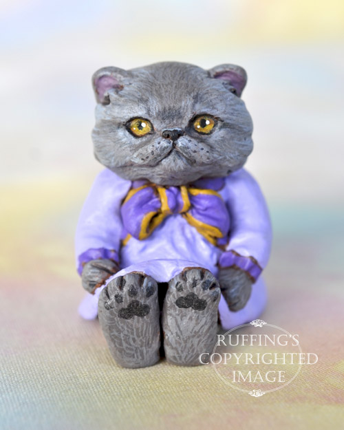 Heather, miniature Blue Persian cat art doll, handmade original, one-of-a-kind kitten by artist Max Bailey