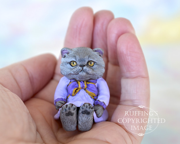 Heather, miniature Blue Persian cat art doll, handmade original, one-of-a-kind kitten by artist Max Bailey