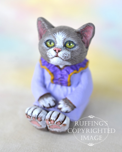 Heather, miniature gray and white cat art doll, handmade original, one-of-a-kind kitten by artist Max Bailey