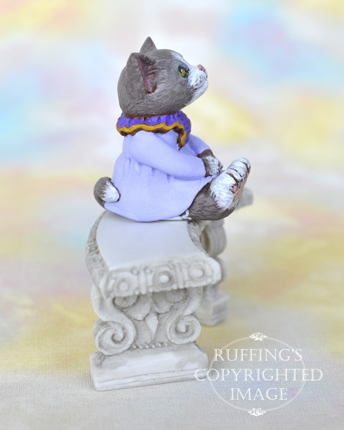 Heather, miniature gray and white cat art doll, handmade original, one-of-a-kind kitten by artist Max Bailey