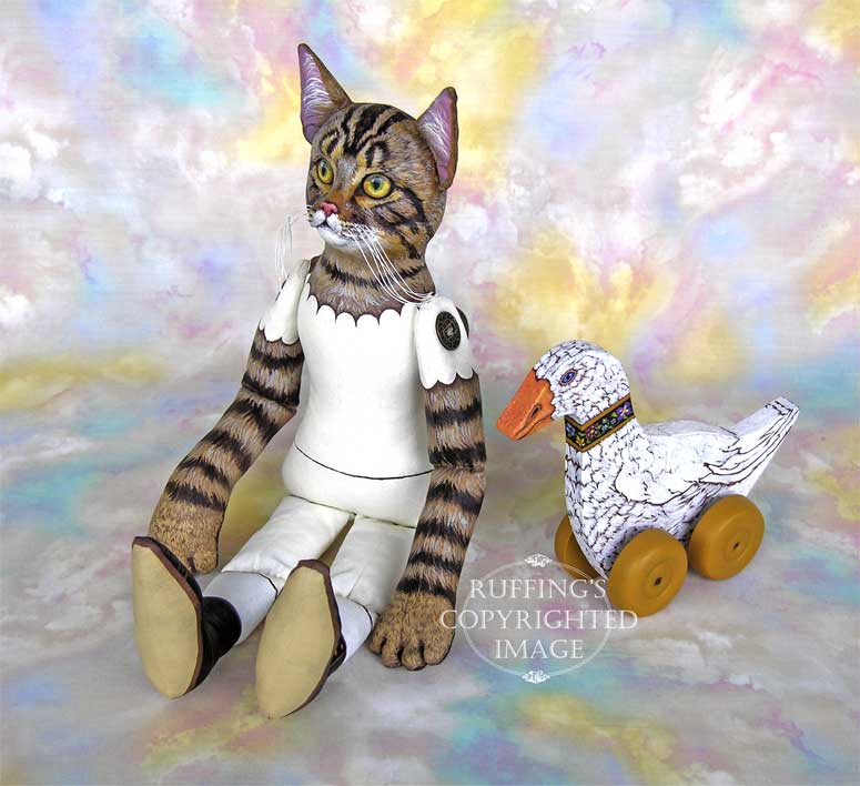 Heidi and Helga, Original One-of-a-kind Folk Art Tabby Cat Doll and Hand-painted Goose by Max Bailey and Elizabeth Ruffing