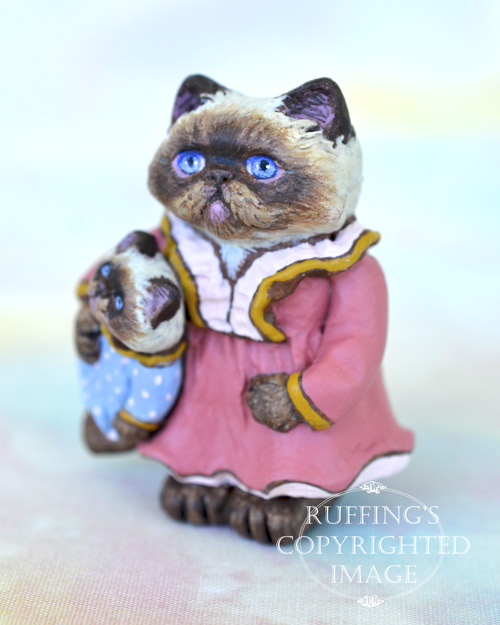 Hilary and Heather, miniature Himalayan cat art doll with her own doll, handmade original, one-of-a-kind kitten by artist Max Bailey