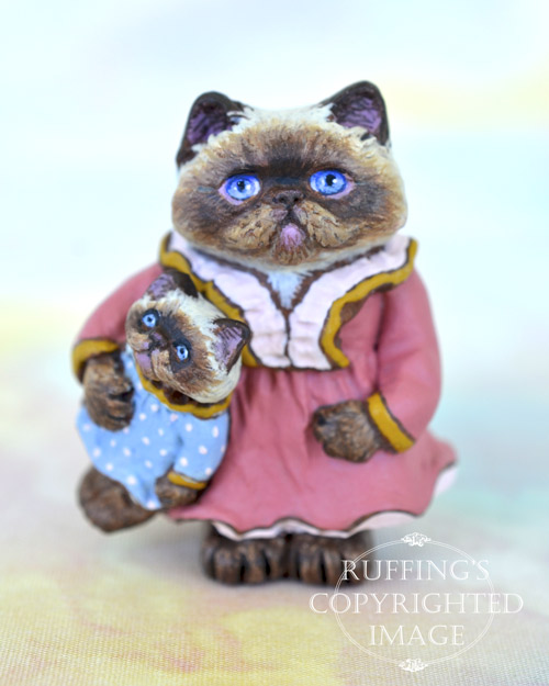 Hilary and Heather, miniature Himalayan cat art doll with her own doll, handmade original, one-of-a-kind kitten by artist Max Bailey