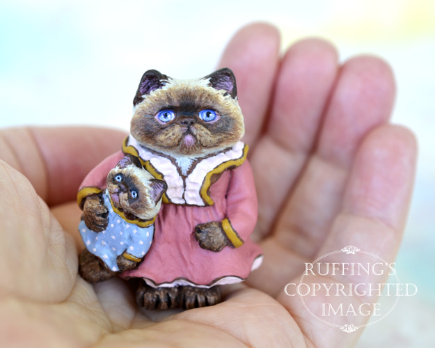 Hilary and Heather, miniature Himalayan cat art doll with her own doll, handmade original, one-of-a-kind kitten by artist Max Bailey