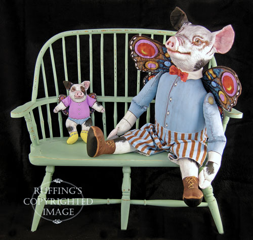 Horatio and Hannah, Original One-of-a-kind Flying Pig Folk Art Dolls by Max Bailey