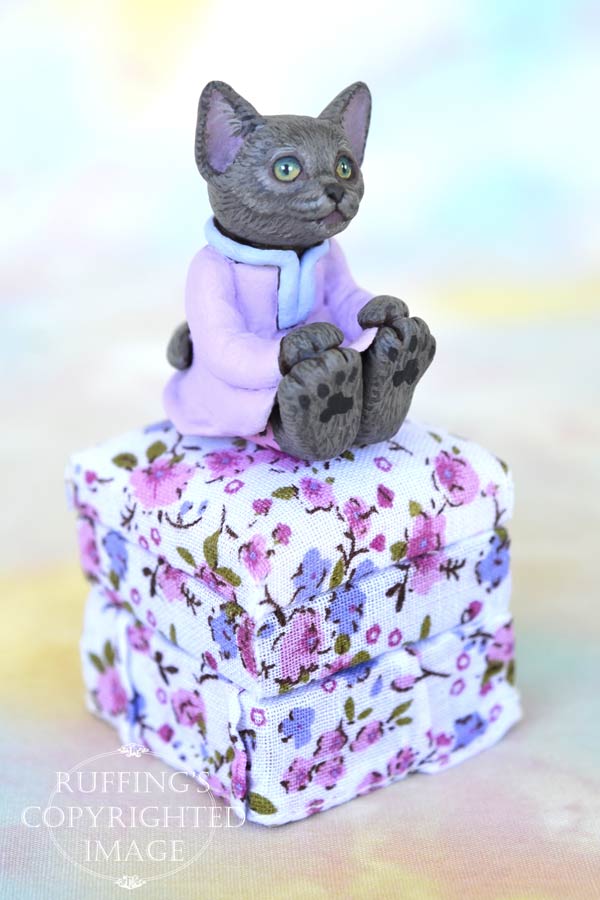 Iris, miniature Russian Blue cat art doll, handmade original, one-of-a-kind kitten by artist Max Bailey