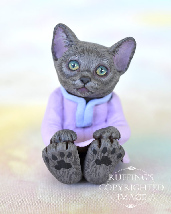  Iris, miniature Russian Blue cat art doll, handmade original, one-of-a-kind kitten by artist Max Bailey