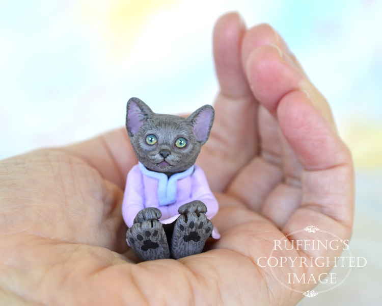 Iris, miniature Russian Blue cat art doll, handmade original, one-of-a-kind kitten by artist Max Bailey