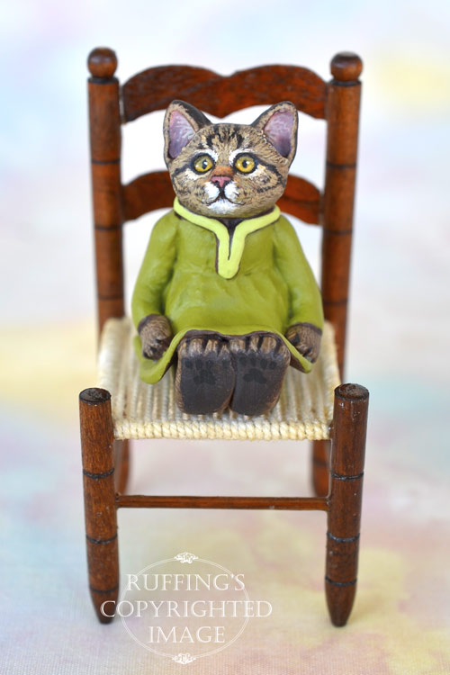 Jenna, miniature tabby cat art doll, handmade original, one-of-a-kind kitten by artist Max Bailey