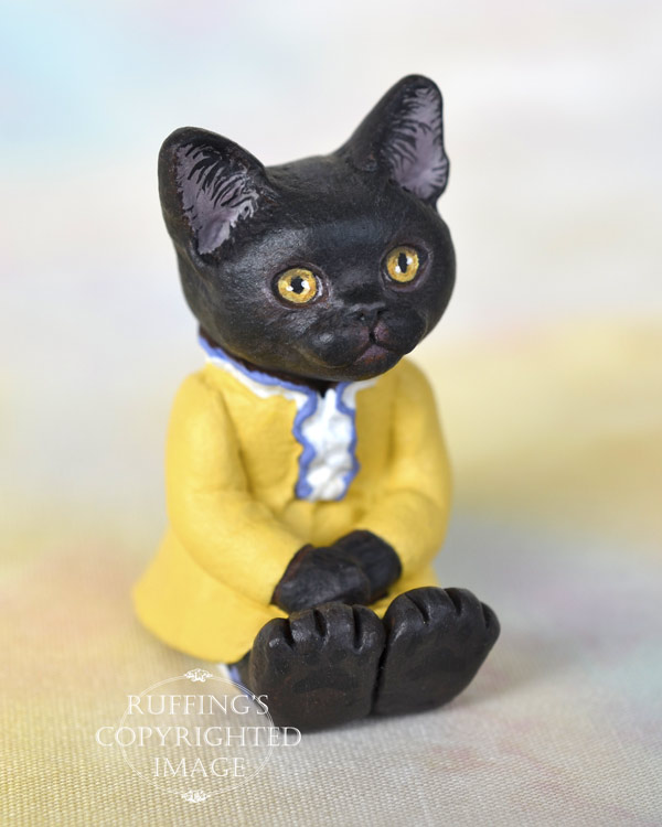Jetta, miniature black Bombay American Shorthair cat art doll, handmade original, one-of-a-kind kitten by artist Max Bailey