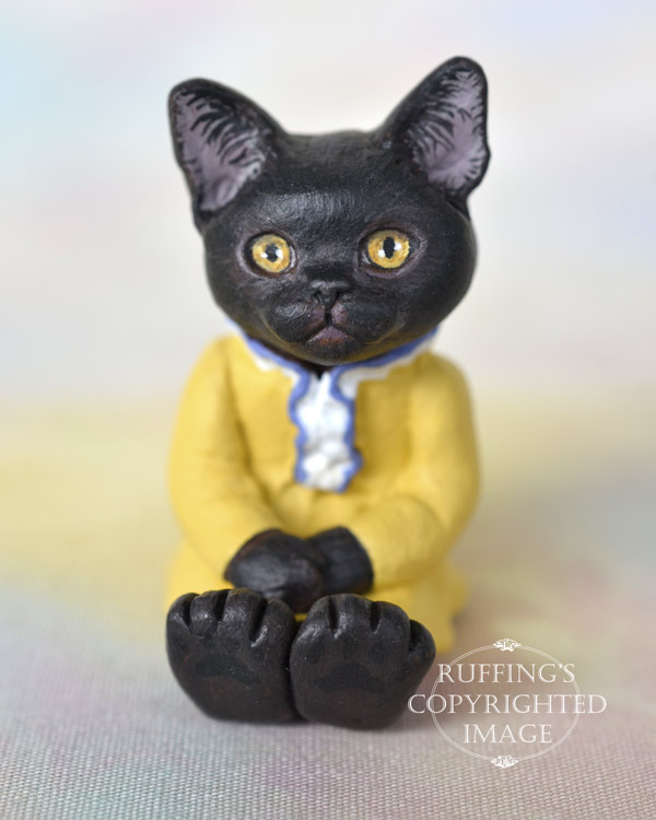 Jetta, miniature black Bombay cat art doll, handmade original, one-of-a-kind kitten by artist Max Bailey