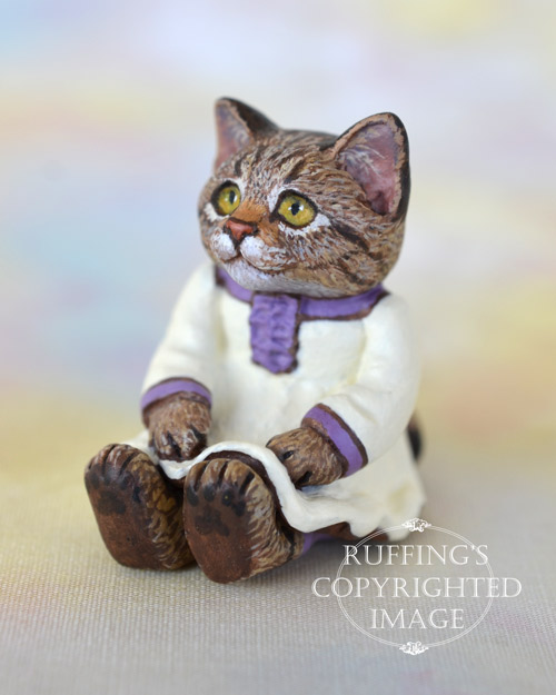 Juniper, miniature tabby cat art doll, handmade original, one-of-a-kind kitten by artist Max Bailey