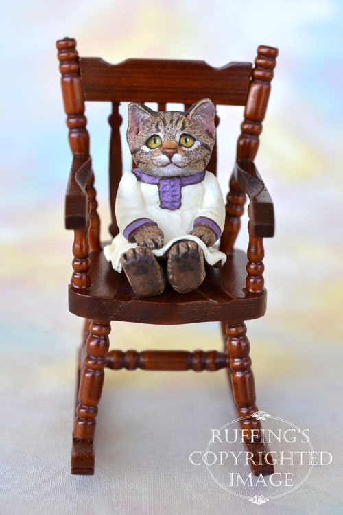 Juniper, miniature tabby cat art doll, handmade original, one-of-a-kind kitten by artist Max Bailey